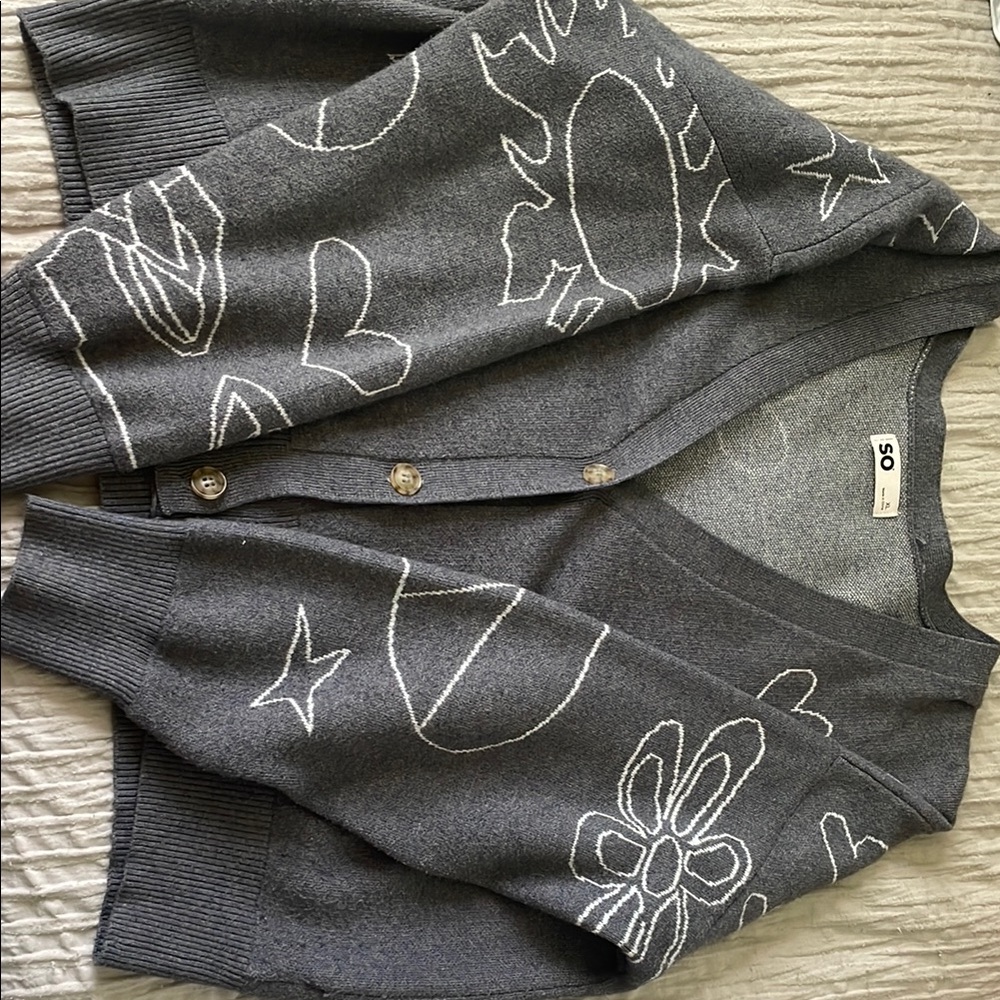Gray Cardigan with White Abstract Patterns
